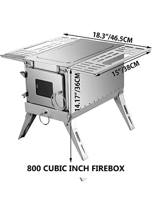 Estufa de leña para tienda de campaña VEVOR con caja de fuego de 800 pulgadas cúbicas y patas plegables.