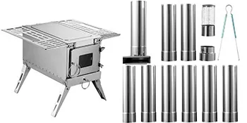 Estufa de leña de tienda VEVOR con configuración completa que incluye tuberías y accesorios.