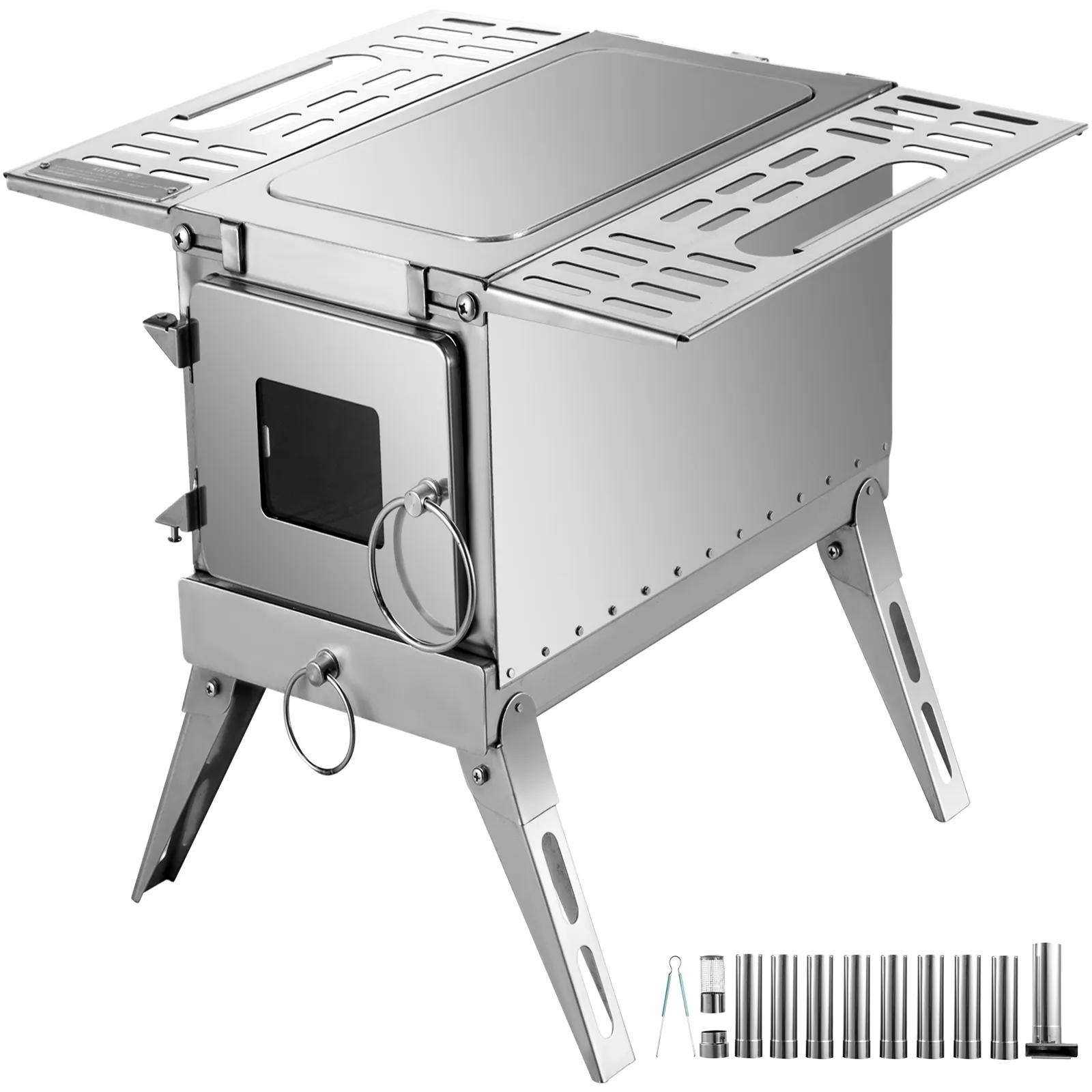 Estufa de leña portátil de acero inoxidable VEVOR con patas plegables y secciones de chimenea.