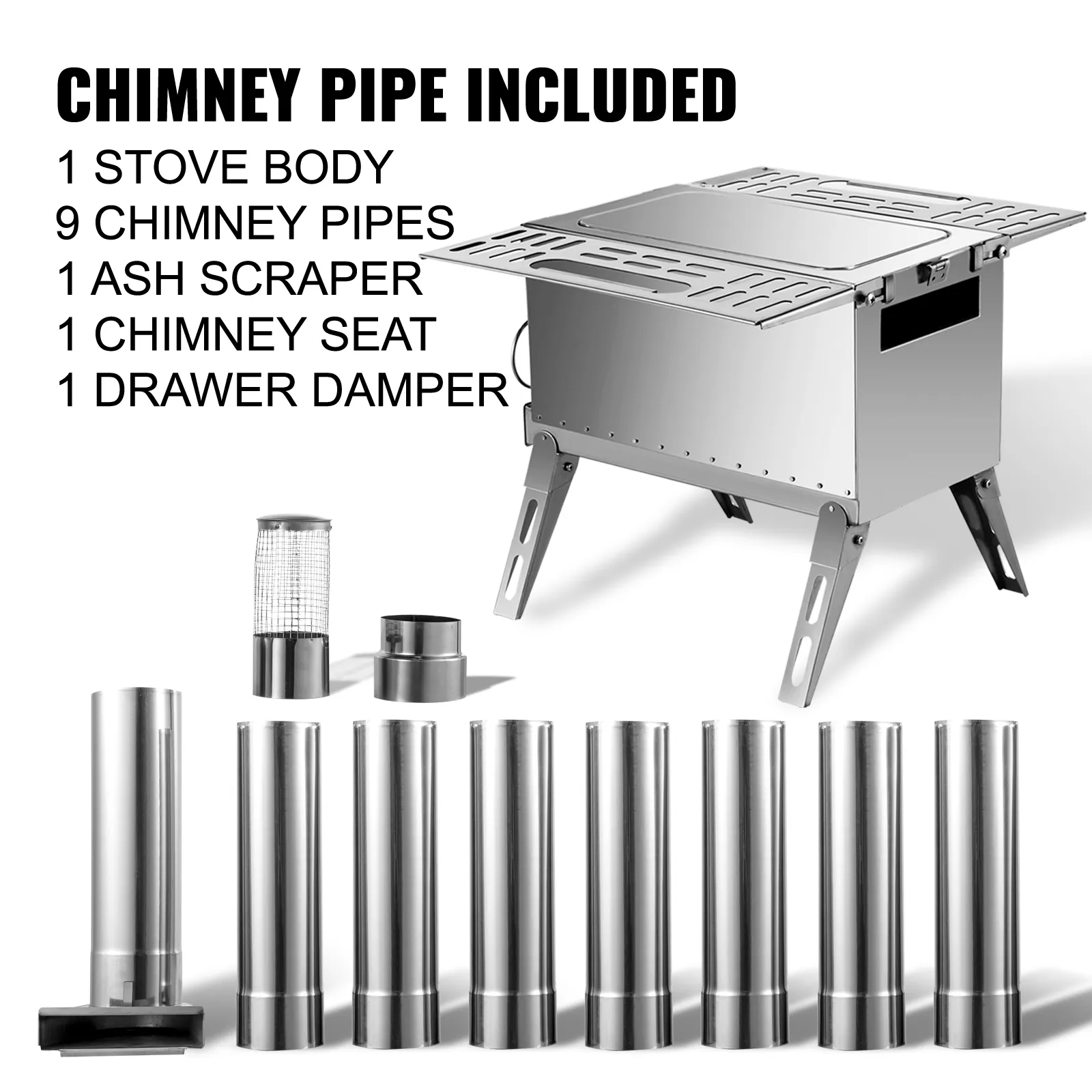 Estufa de leña de tienda VEVOR con tubo de chimenea, cuerpo de estufa y juego de accesorios