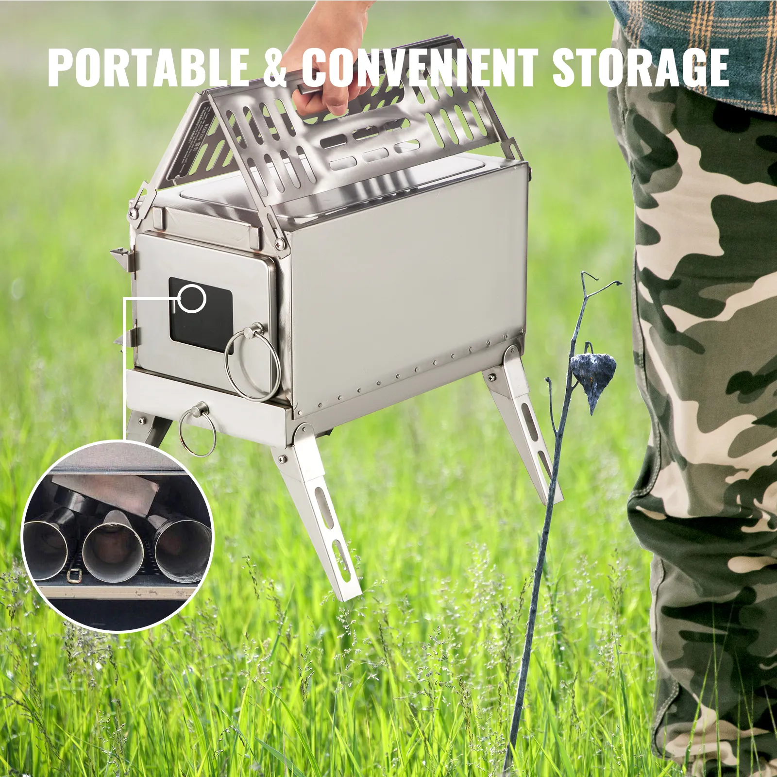 Estufa de leña portátil y conveniente VEVOR en un campo de césped con pantalones de camuflaje de fondo.