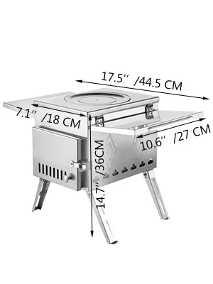 Estufa de leña para camping VEVOR de acero inoxidable, plegable con dimensiones indicadas.