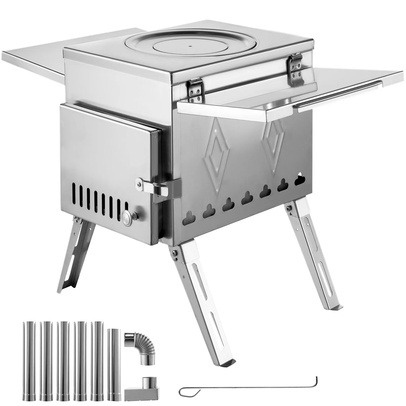 Estufa de leña para camping VEVOR con patas plegables y componentes de chimenea.