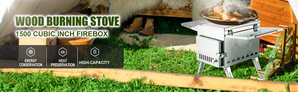 VEVOR camping wood stove with 1500 cubic inch firebox in a camp setup on grass.