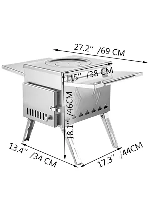 VEVOR camping wood stove with detailed dimensions and foldable legs.