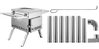 VEVOR camping wood stove with detachable chimney and cooking accessories.