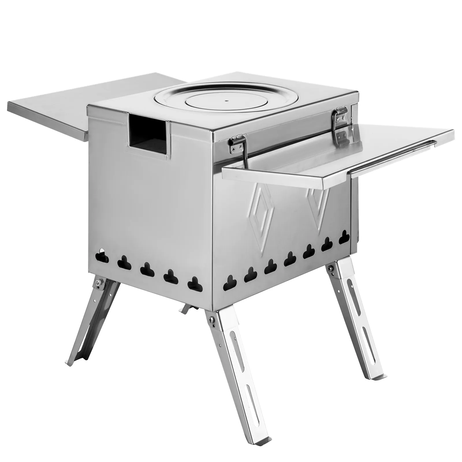 VEVOR camping wood stove with folding side shelves and sturdy metal legs.