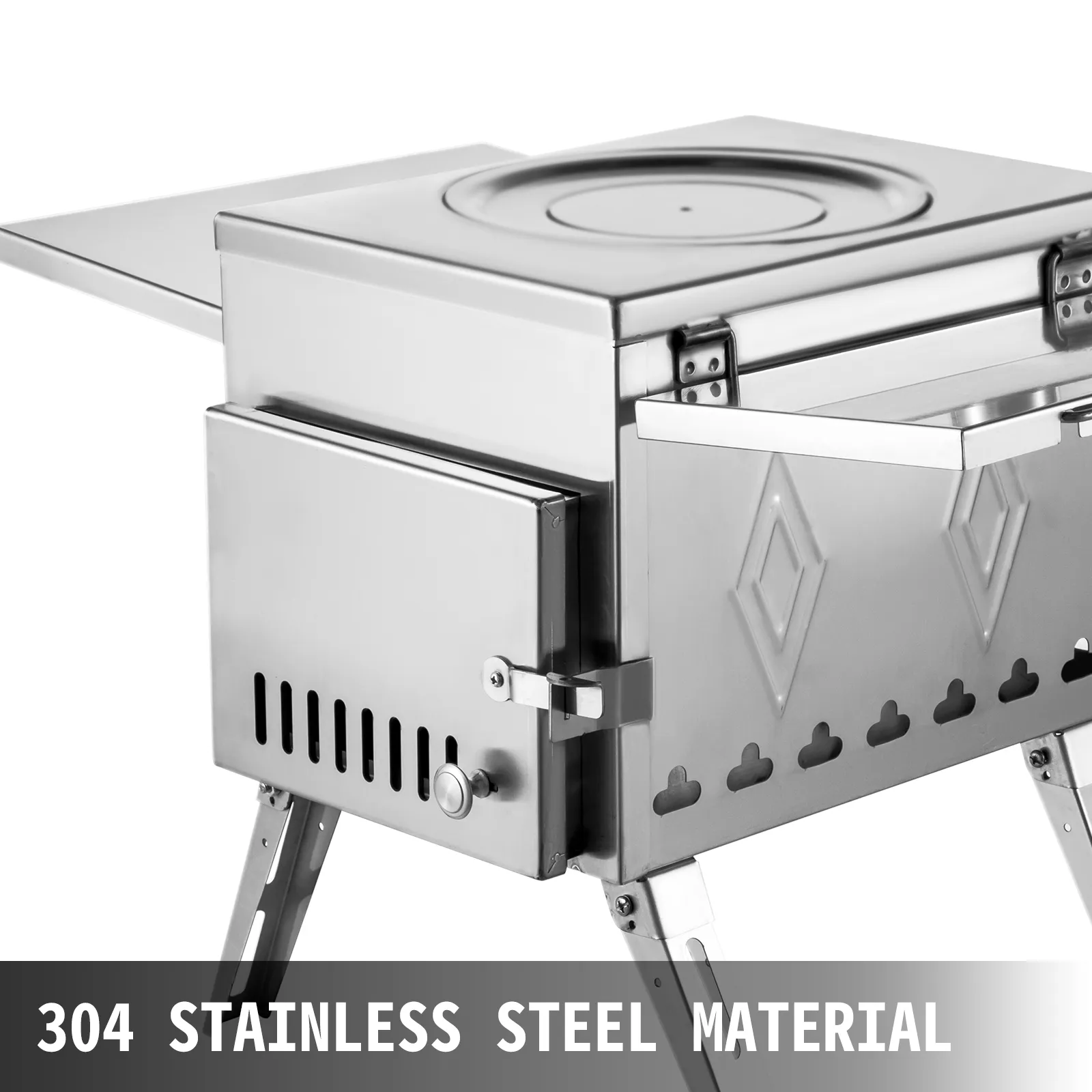 VEVOR camping wood stove made of 304 stainless steel material, side view.