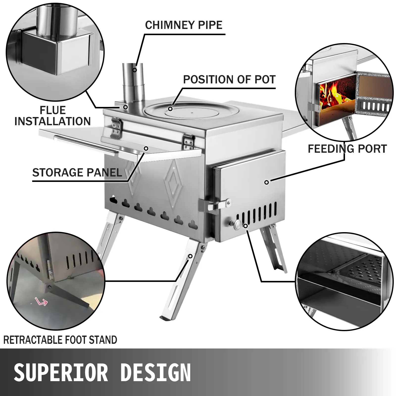 VEVOR camping wood stove with chimney, feeding port, storage panel, and retractable foot stand.