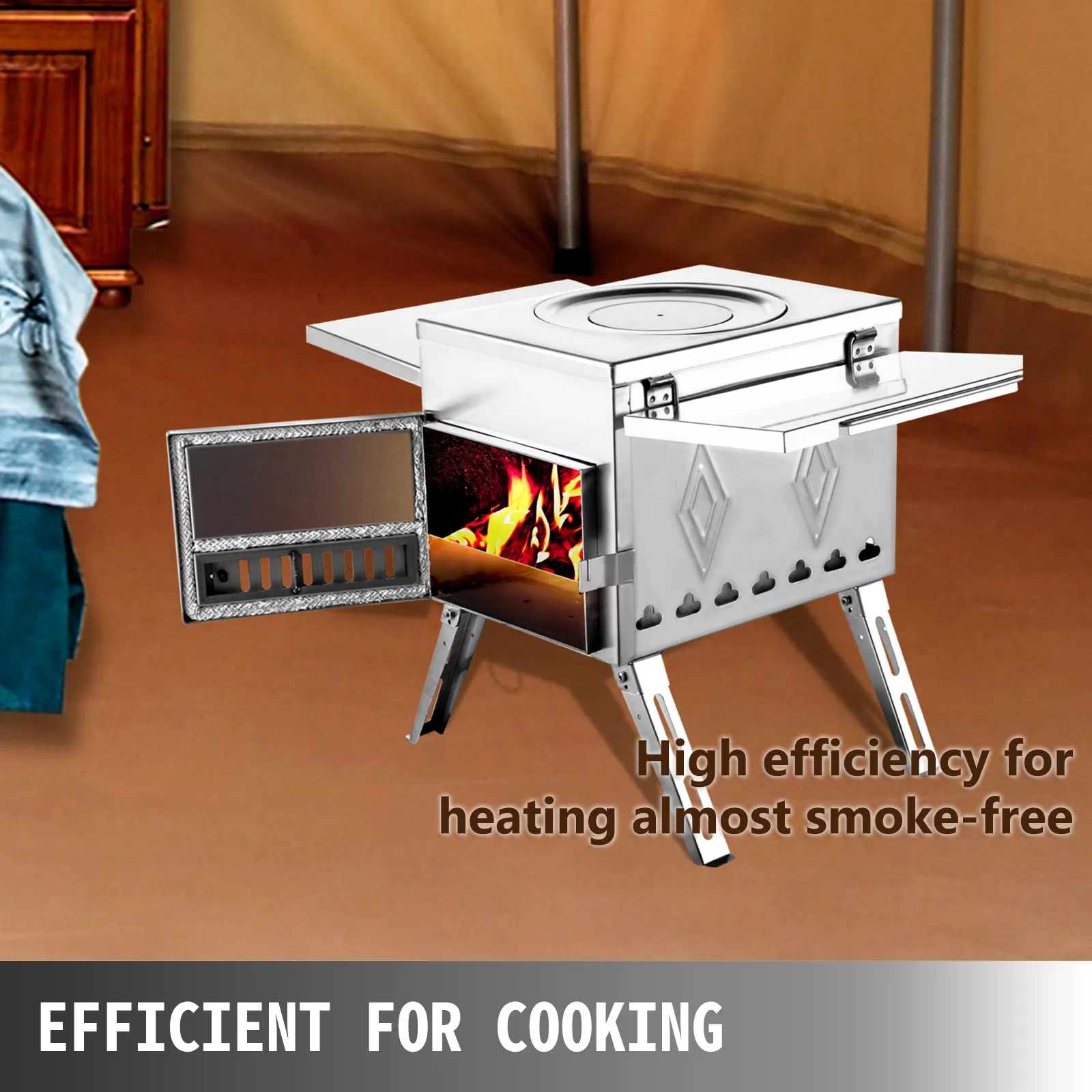 VEVOR camping wood stove with open door, efficient for cooking and heating.