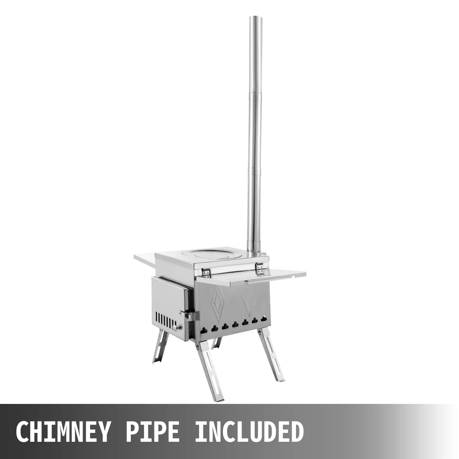 VEVOR camping wood stove with foldable legs and chimney pipe included.