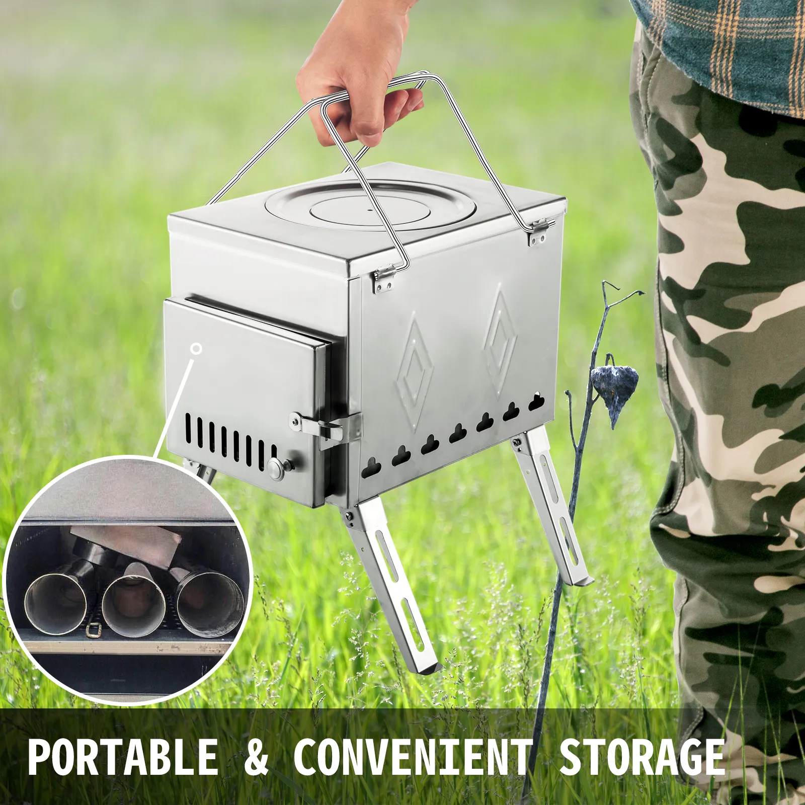 VEVOR camping wood stove being carried, highlighting portability and convenient storage.