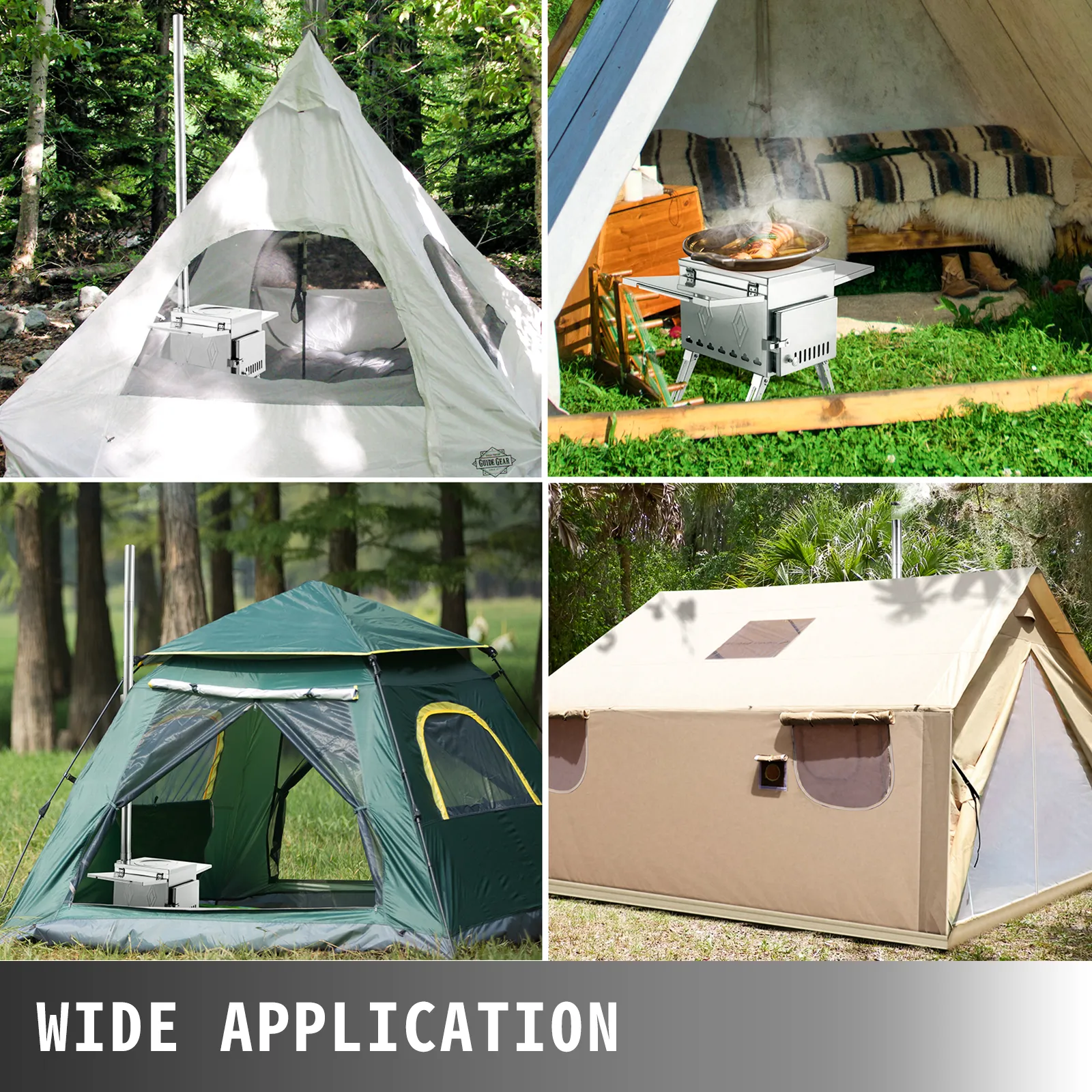 VEVOR camping wood stove in various tents amidst nature with wide application text.