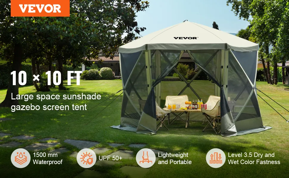 VEVOR pop up gazebo tent in a green garden, featuring large sunshade, waterproof, and portable design.