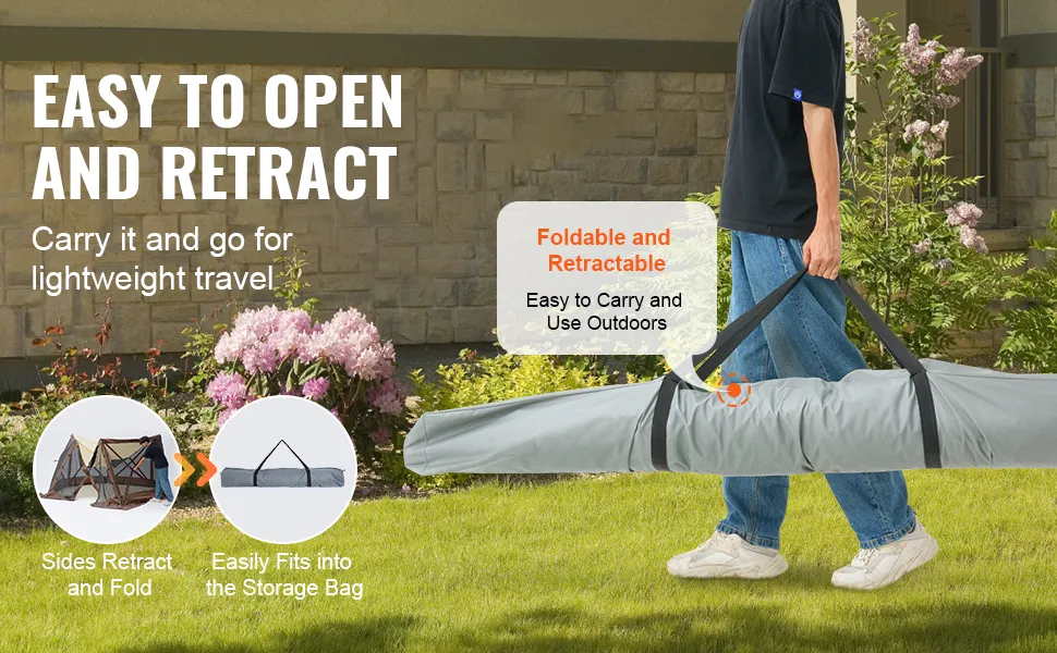person carrying foldable and retractable VEVOR pop up gazebo tent in storage bag for lightweight travel.