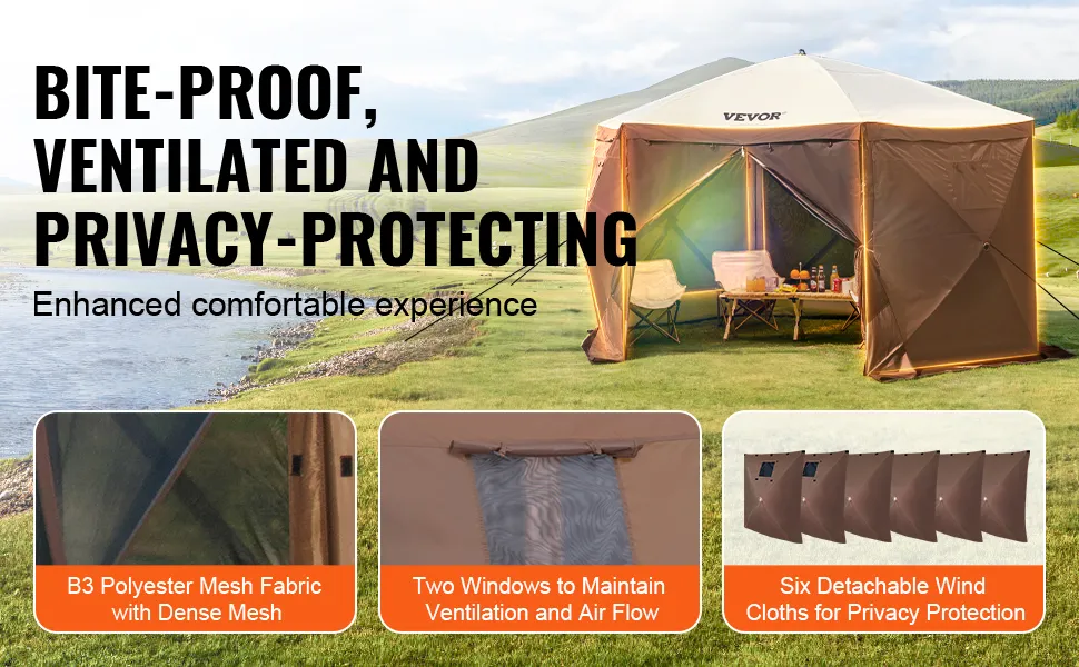 VEVOR pop up gazebo tent with dense polyester mesh, dual windows, and detachable wind cloths for privacy.