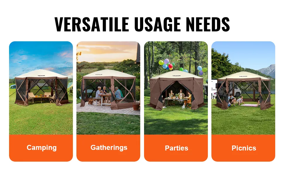 VEVOR pop up gazebo tent for camping, gatherings, parties, and picnics in various outdoor settings.