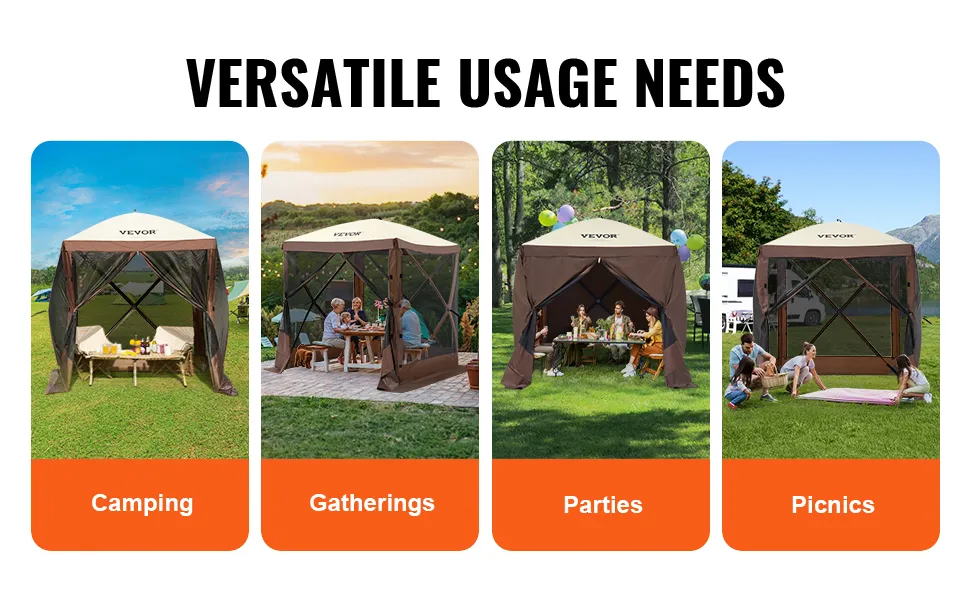 VEVOR pop-up gazebo tent for camping, gatherings, parties, and picnics in outdoor settings.