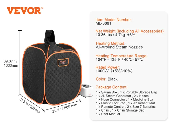 VEVOR portable steam sauna, model ml-6061, black, 1000w power, dimensions 31.5"x31.5"x39.37".
