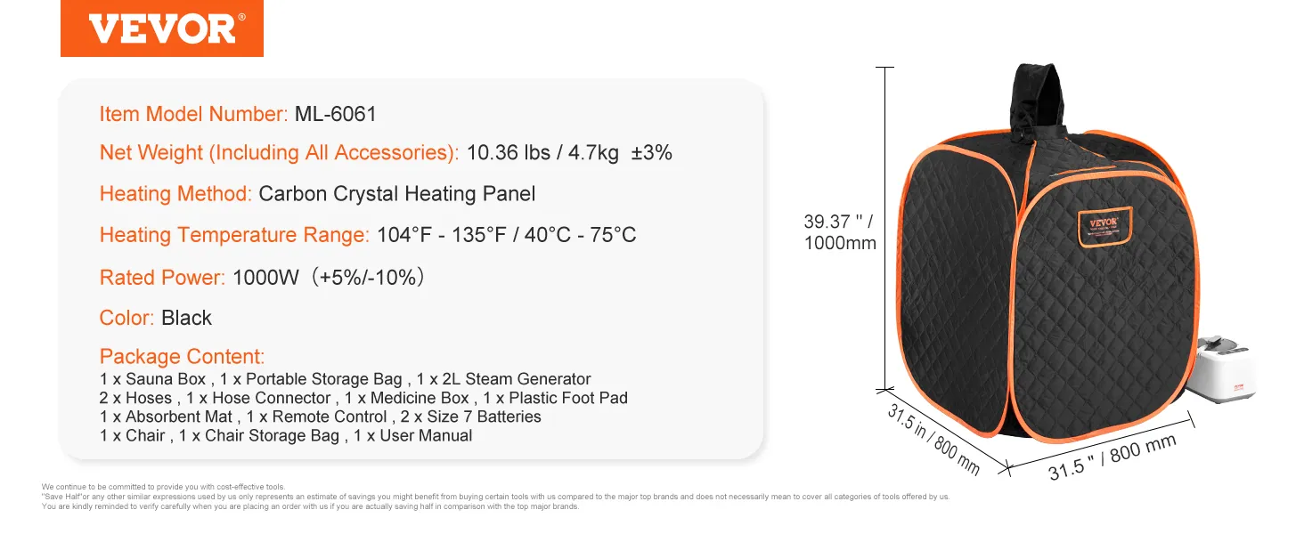 VEVOR portable steam sauna, model ml-6061, black, 1000w power, dimensions 31.5"x31.5"x39.37".