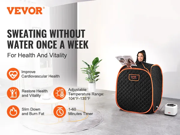 VEVOR portable steam sauna in a room with a timer, plant, and table; highlights health benefits and details.