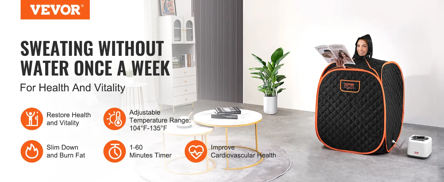 VEVOR portable steam sauna in a room with a timer, plant, and table; highlights health benefits and details.