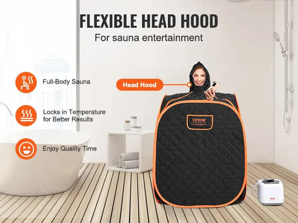 VEVOR portable steam sauna with flexible head hood for full-body sauna enjoyment in a modern bathroom.