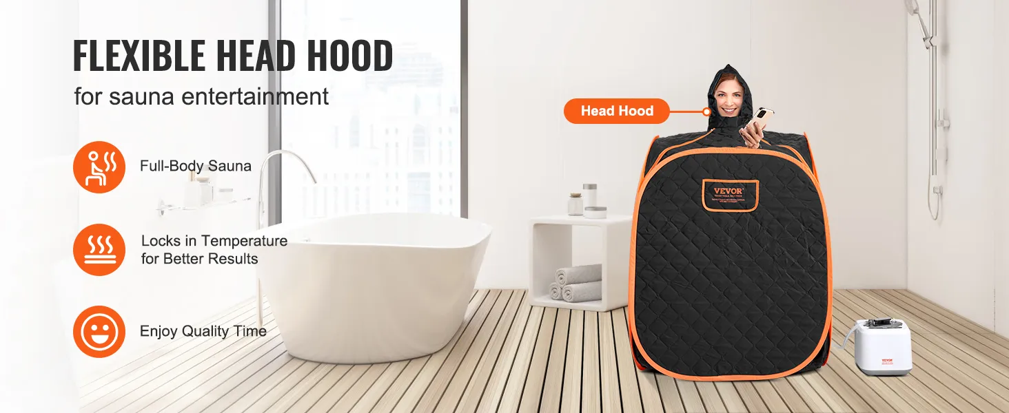 VEVOR portable steam sauna with flexible head hood for full-body sauna enjoyment in a modern bathroom.