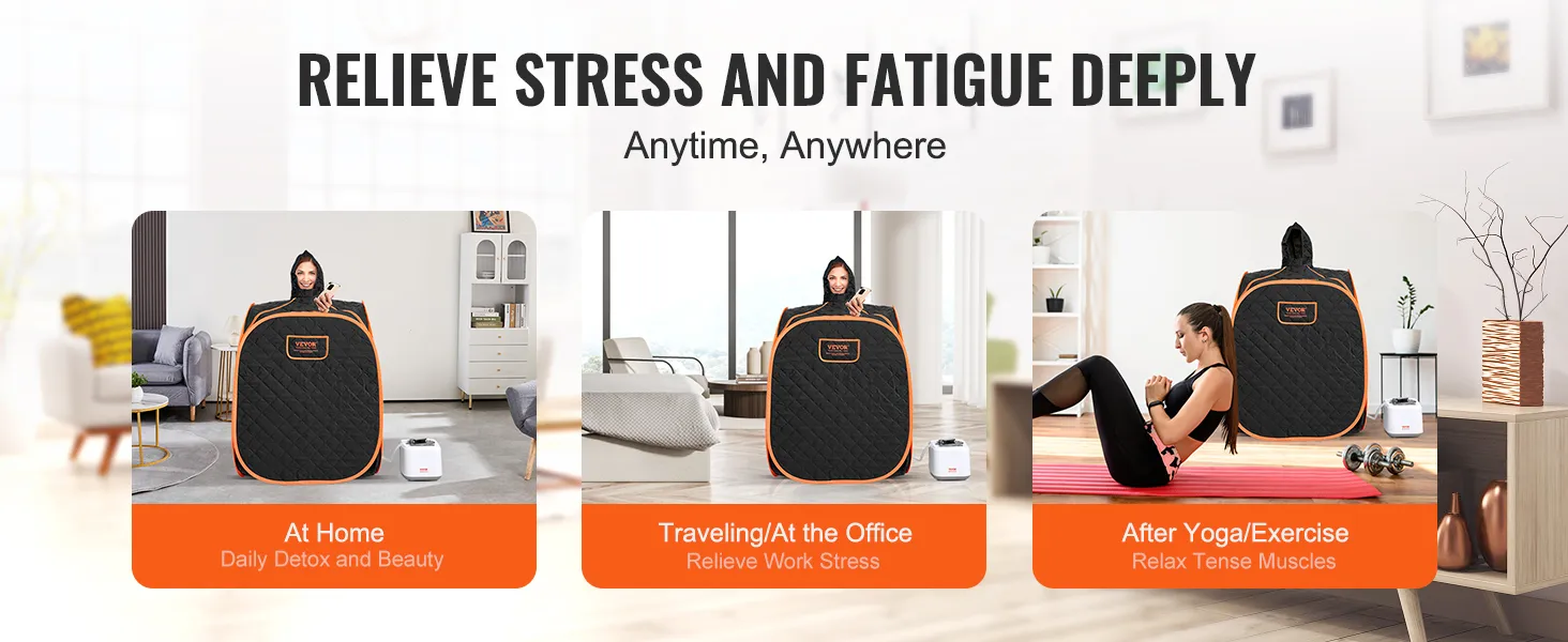 VEVOR portable steam sauna for stress relief and detox at home, office, or after exercise.
