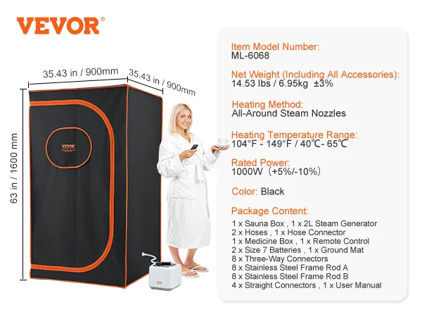 VEVOR portable steam sauna tent with all-around steam nozzles, remote control, and black color design.