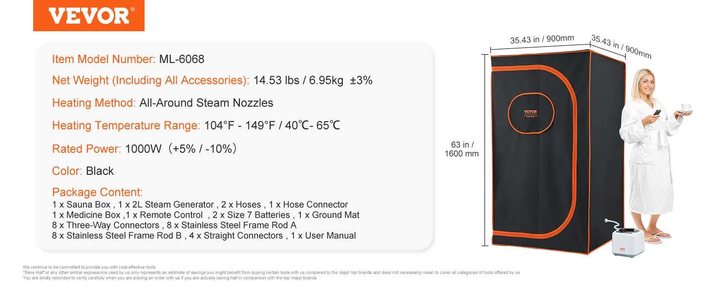 VEVOR portable steam sauna tent with all-around steam nozzles, remote control, and black color design.