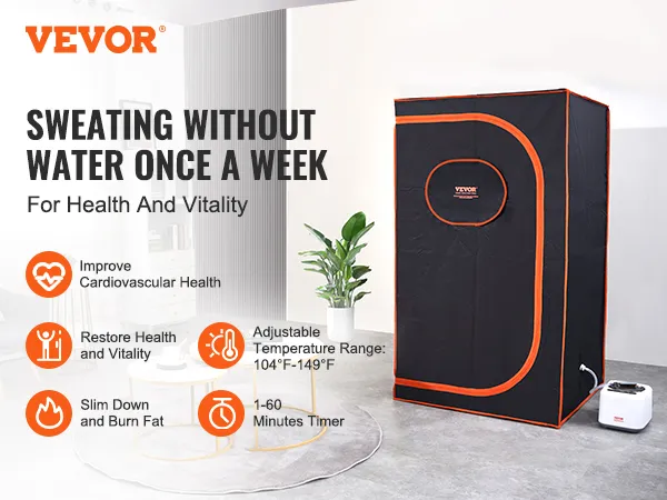 VEVOR portable steam sauna tent in a modern living room with health benefits and adjustable temperature range.