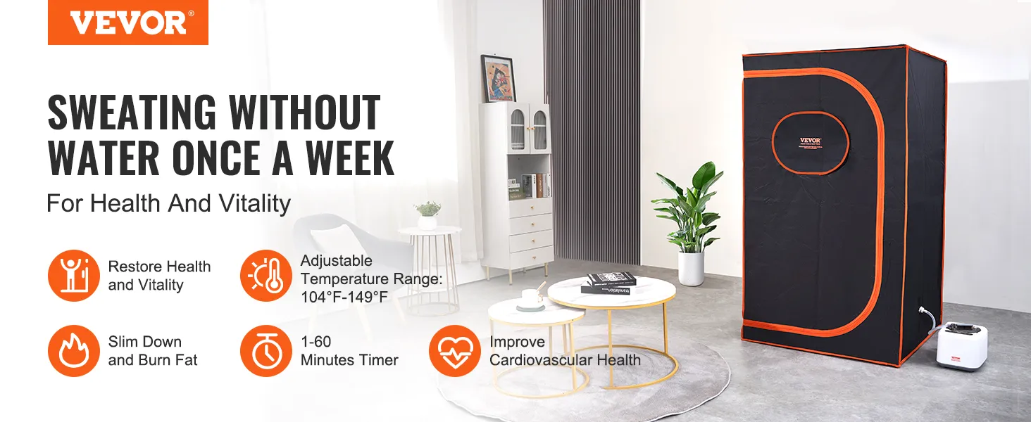 VEVOR portable steam sauna tent in a modern living room with health benefits and adjustable temperature range.