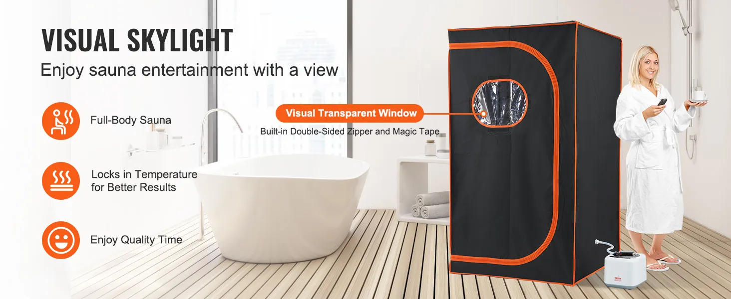 VEVOR portable steam sauna tent with transparent window, full-body sauna benefits, and temperature control.