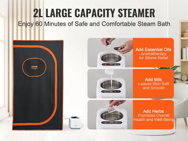 VEVOR portable steam sauna tent with 2l capacity steamer, essential oils, milk, and herbs for wellness.