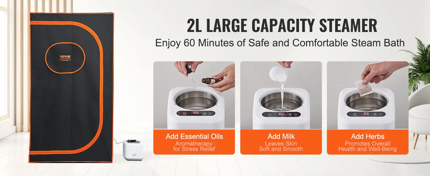 VEVOR portable steam sauna tent with 2l capacity steamer, essential oils, milk, and herbs for wellness.