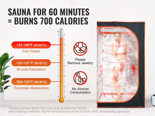 VEVOR portable steam sauna tent promoting metabolism, muscle relaxation, and pain relief; burns 700 calories.