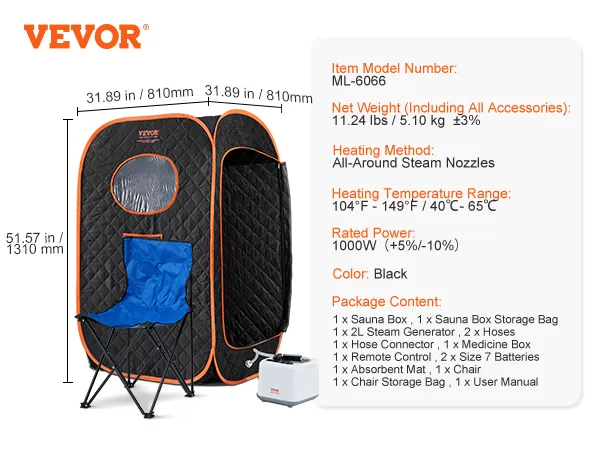 VEVOR portable steam sauna tent with remote control, chair, and steam generator, size 51.57x31.89 inches.