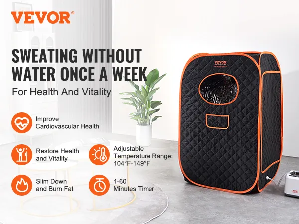 VEVOR portable steam sauna tent for health and vitality in a cozy home setting, featuring key benefits.