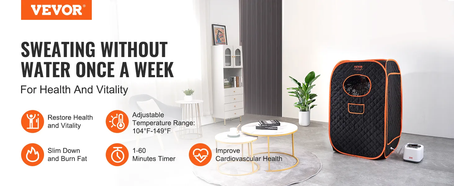 VEVOR portable steam sauna tent for health and vitality in a cozy home setting, featuring key benefits.
