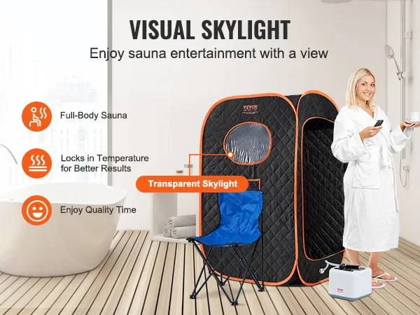 VEVOR portable steam sauna tent with visual transparent window, blue chair, white bathrobe, and foot heater.