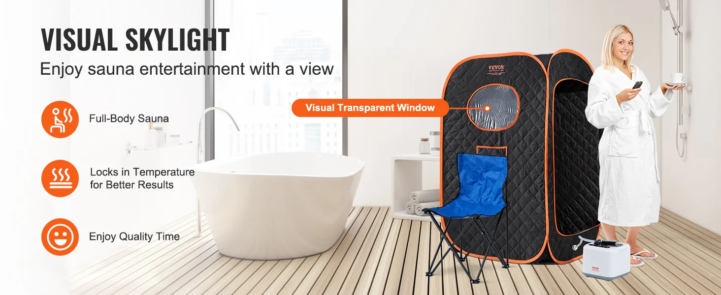VEVOR portable steam sauna tent with visual transparent window, blue chair, white bathrobe, and foot heater.