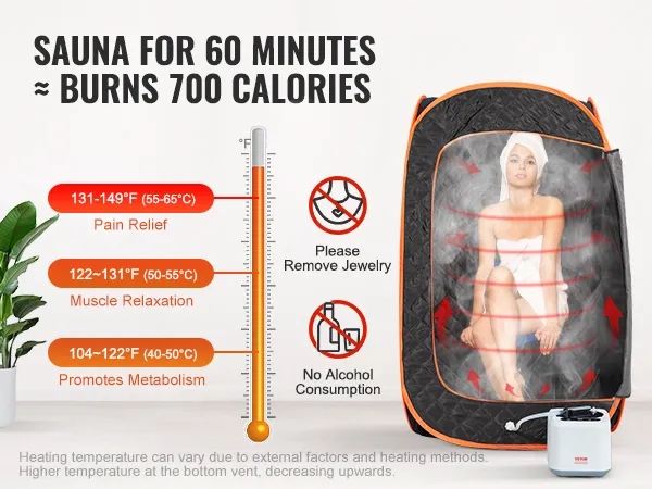 VEVOR portable steam sauna tent with temperature settings, calorie burn information, and health benefits.