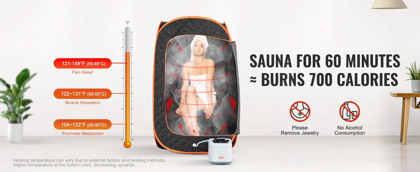 VEVOR portable steam sauna tent with temperature settings, calorie burn information, and health benefits.