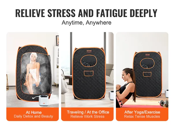 VEVOR portable steam sauna tent for home, office, and post-exercise relaxation, relieving stress and fatigue.