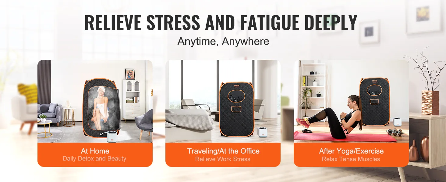 VEVOR portable steam sauna tent for home, office, and post-exercise relaxation, relieving stress and fatigue.