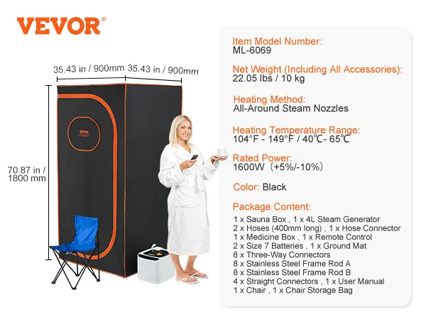VEVOR portable steam sauna, model ml-6069 with black exterior, 4l steam generator, and included chair.