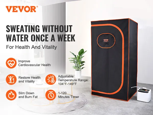 VEVOR portable steam sauna in a modern living room, highlighting health benefits and adjustable settings.