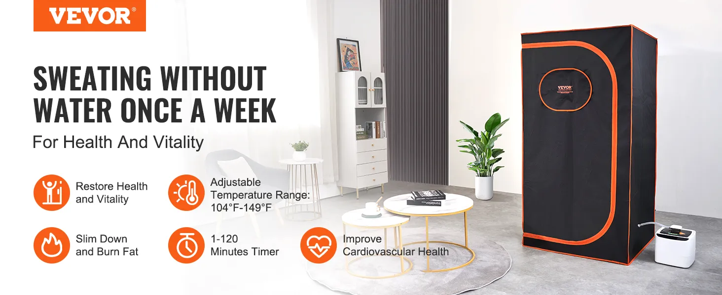 VEVOR portable steam sauna in a modern living room, highlighting health benefits and adjustable settings.