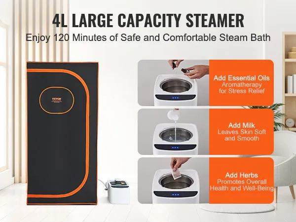 VEVOR portable steam sauna with 4l steamer, enjoy 120 minutes of aromatherapy, milk, and herbal benefits.